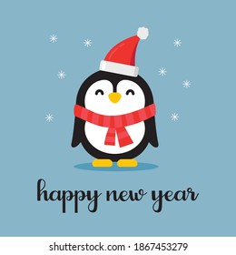 Happy New Year postcard with penguin