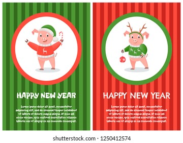 Happy New Year postcard pig in red hoodie with reindeer, warm hat with sweets in paw. Piglet in sweater with reindeers, in horns and toy ball, cartoon vector