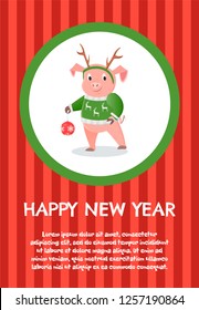 Happy New Year postcard pig on red striped poster in round frame. Piglet in warm sweater with reindeers, in horns and toy ball, cartoon vector character