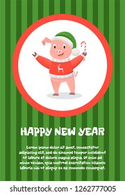 Happy New Year postcard, pig in red sweater with reindeer, green hat and candy stick in round frame. Greeting card with wishes Merry Christmas, text sample