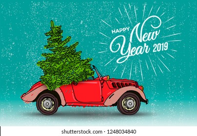 Happy New Year postcard or poster or flyer template with retro red car and Christmas tree with christmas tree. Vintage styled vector illustration. Isolated on turquoise background.