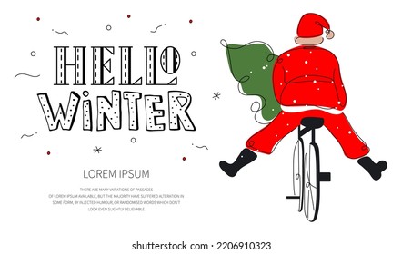 Happy New Year postcard with quote lettering HELLO WINTER and cute Santa Claus on bicycle. The vector illustration xmas postcard in hand drawn art style for Merry Christmas.