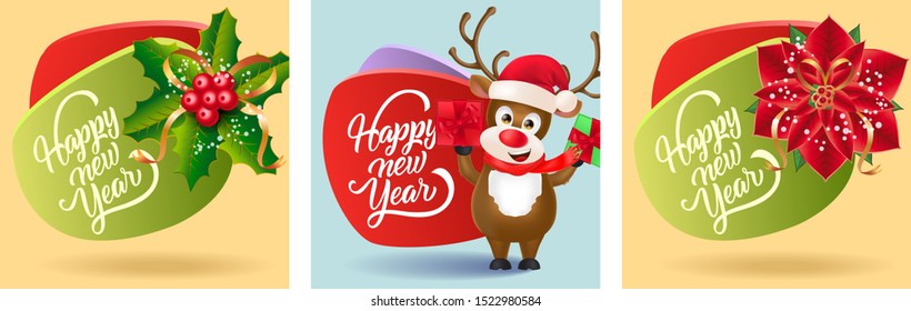 Happy New Year postcard set with abstract cards, mistletoe, poinsettia, reindeer with gifts on yellow and pale blue background. Vector illustration for festive posters, banners, flyers