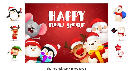 Happy New Year postcard with smiling cartoon characters. Text with decorations can be used for invitation and greeting card. New Year concept
