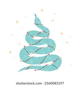 Happy New Year postcard with a snake wriggled in triangular Christmas tree shape. 2025 New Year symbol. Chinese lunar new year symbol. Vector illustration