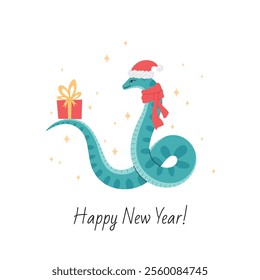 Happy New Year postcard with a snake in Santa Claus hat with a gift box. 2025 New Year symbol. Chinese lunar new year symbol. Vector illustration