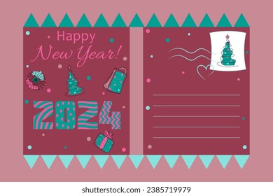 Feliz Postal de Año Nuevo. Copo de nieve, caja de regalo y paquete para regalos, árbol de navidad con números 2024. Ilustración vectorial multicolor personalizada: colores rosa, azul y rojo