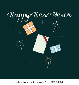Happy new year postcard template with gift. Winter illustration. Hand drawn card