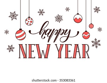 Happy New Year postcard template. Modern lettering with snowflakes isolated on white background. Christmas card concept. 