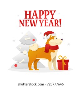 Happy New Year postcard template with the cute yellow dog with the red gift near the Christmas tree on white background. The dog cartoon character vector illustration.