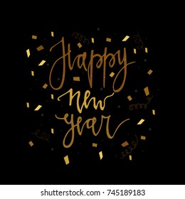 Happy new year postcard template. Modern lettering isolated on black background. Christmas card concept. Handwritten modern brush lettering for winter holidays.