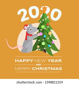 Happy New Year postcard vector template. Funny mouse decorating fir tree cartoon character and merry Christmas white inscription. Xmas greeting card, social media post design color layout