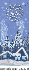 Feliz Año Nuevo. Postcard con un paisaje navideño invernal. Vector. Ilustración en tonos azules.
 El folklore tradicional ucraniano Petrykiv estilo de arte .