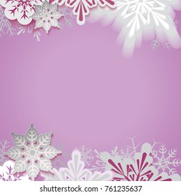 Happy New Year postcard,abstract cutout stylized and defocused transparent falling snowflakes isolated on purple background.Snowfall with place for your text.Vector illustration.