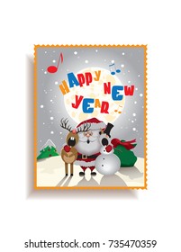 Happy New Year postcard-cartoon of Santa Claus, reindeer and snowman singing a Christmas carol on the north pole.Vector illustration.