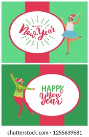 Happy New Year postcards with people dancing at corporate fest celebrating holidays. Vector cartoon style characters on Merry Christmas party