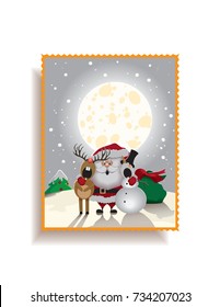 Happy New Year postcard-Santa Claus, reindeer and snowman singing a Christmas carol on the north pole.Vector illustration.