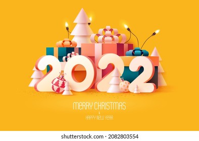 Happy New year poster 2022. White numbers with colorful gift boxes and Christmas decoration. Bright greeting card design.