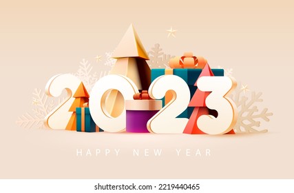 Happy New year poster 2023. White numbers with gift boxes and Christmas tree. Bright greeting card design.