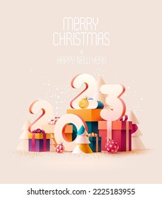 Happy New year poster 2023. White numbers with colorful gift boxes and Christmas decoration. Bright greeting card design.