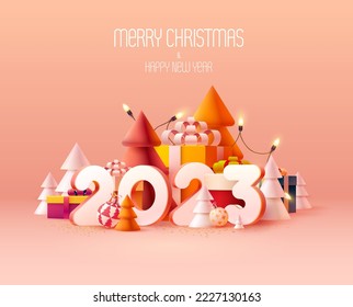 Happy New year poster 2023. White numbers with colorful gift boxes and Christmas decoration. Bright greeting card design.