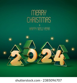 Happy New year poster 2024. White numbers with decorative Christmas trees. Vector greeting card design. The image was created without the use of any form of AI.