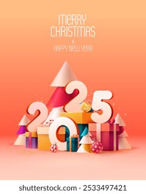 Happy New year poster 2025. Bright greeting card design. White numbers with colorful gift boxes and Christmas decoration. 