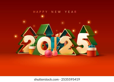 Happy New year poster 2025. White numbers with colorful gift boxes, Christmas decoration on red background. Vector greeting card design.