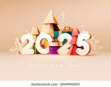 Happy New year poster 2025. White numbers with gift boxes and Christmas tree. Bright greeting card design.