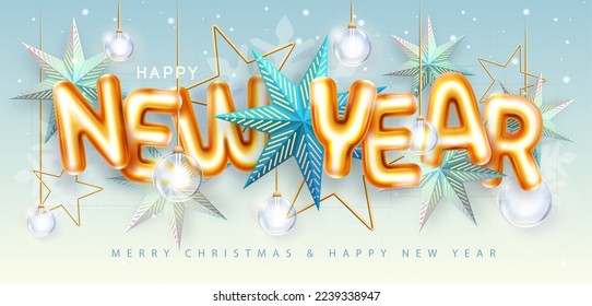 Happy New Year poster with 3D chromic letters, Christmas stars and electric lamps. Holiday greeting card. Vector illustration