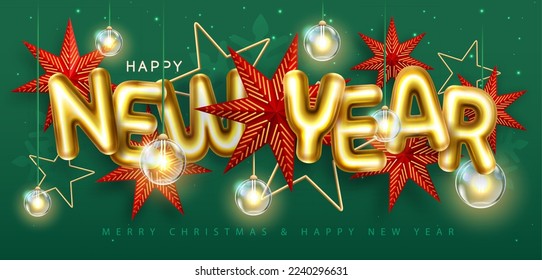 Happy New Year poster with 3D chromic letters, Christmas stars and electric lamps. Holiday greeting card. Vector illustration