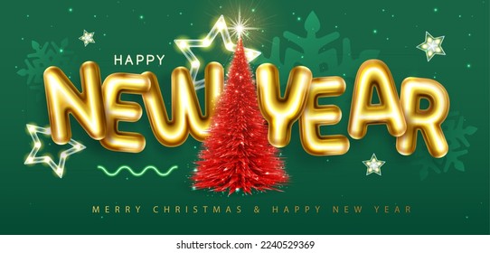 Happy New Year poster with 3D chromic letters and Christmas tree on green background. Holiday greeting card. Vector illustration
