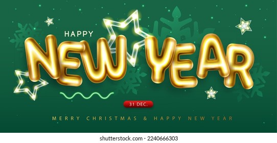 Happy New Year Poster mit 3D-Chrom-Buchstaben, Schneeflocken und Sternen. Urlaubsgrußkarte. Vektorgrafik