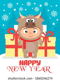 Happy New Year poster, banner with child in costume bull. Vector illustration