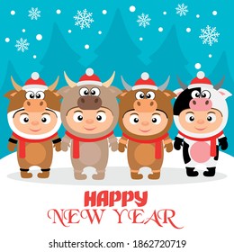 Happy New Year poster, banner with kids in christmas costume bulls. Vector illustration