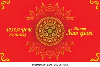 Happy new year poster or banner with beautiful circle pattern floral mandala art isolated on a red background, new year banner with mandala for adult book page design, yoga poster, new year banner 