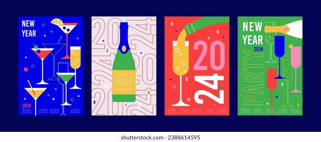 Happy New Year, poster, banner and card design with cocktails, drinks. Vector illustration in geometric bold style