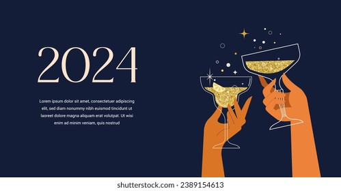 Happy New Year, poster, banner and card design with cocktails, drinks. Vector illustration