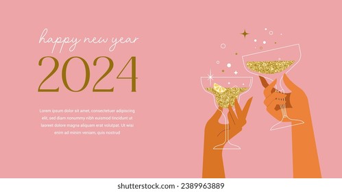 Happy New Year, poster, banner and card design with cocktails, drinks. Vector illustration