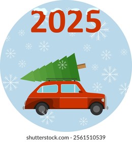 Happy new year poster, banner with the coming new year 2025. Retro car carries a Christmas tree. Vector, cartoon illustration. Vector.