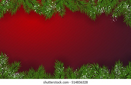 Happy New Year poster. Banner with snow and branches of christmas tree. Christmas design, decor. Knitted background. Vector illustration.