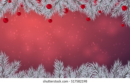 Happy New Year poster. Banner with balls, snow and branches of christmas tree on the red background. Christmas design, decor. Vector illustration.