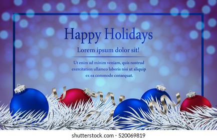 Happy New Year poster. Banner with red and blue balls, branches of christmas tree, fir and ribbon, serpentine on the blue blurred lights background. Christmas design, decor. Vector illustration.