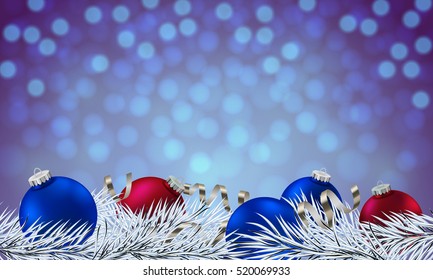 Happy New Year poster. Banner with red and blue balls, branches of christmas tree, fir and ribbon, serpentine on the blue blurred lights background. Christmas design, decor. Vector illustration.