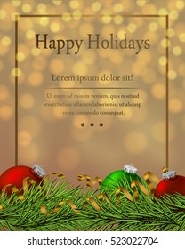 Happy New Year poster. Banner with red and green balls, branches of christmas tree, fir and ribbon, serpentine on the gold blurred lights background. Christmas design, decor. Vector illustration.