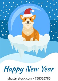 Happy New Year poster with beige dog in santa hat standing on ice clief on background of glass ball and snowflakes on blue sky, vector greeting card