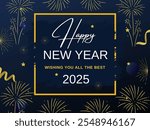 Happy New year poster in blue background with white and golden text, New year 2025 wish, Vector Illustration.