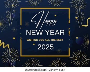 Happy New year poster in blue background with white and golden text, New year 2025 wish, Vector Illustration.