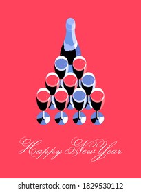 Happy New Year, poster or card. Champagne bottle and glasses arranged in the shape of a Christmas tree. Set of items, top view, isolated, red background, text. Vector illustration