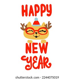 Afiche feliz de año nuevo con cara de gato y gafas de sol de Navidad con cánticos de ciervos. Celebrando la tarjeta con gatito